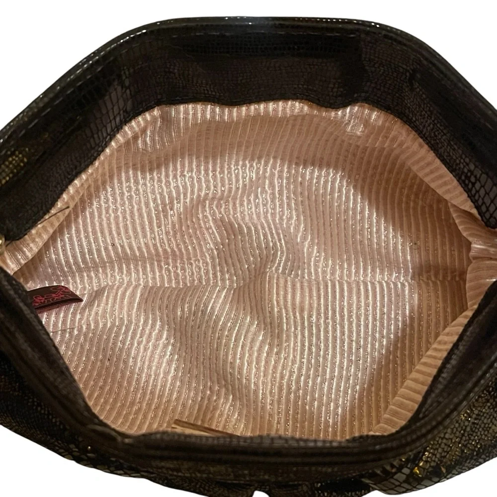 Lauren Merkin Black Shiny Faux Snakeskin Embossed Eve Leather Evening Clutch Bag
